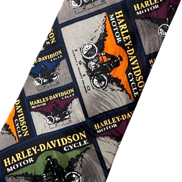 VTG 90s HARLEY DAVIDSON 1910 Print Necktie RM Style Ralph Marlin USA SILK Retro - Picture 2 of 6